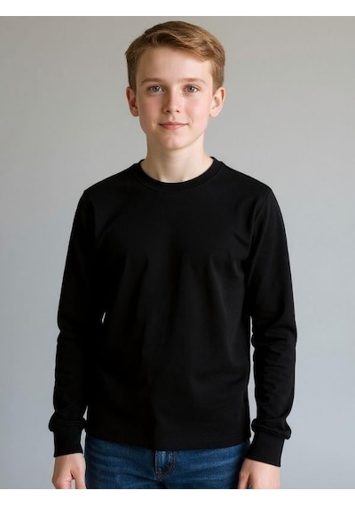 Zekids Erkek Çocuk Pamuklu Bisiklet Yaka Uzun Kollu Basic T-shirt-16775 SIYAH