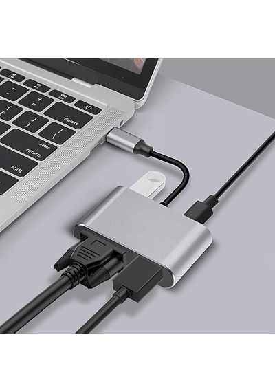 4k Usb-c To Hdmı Vga Adapter, Çok Portlu Dönüştürücü, Gri, Usb Flash Bellek Portu İle, Dizüstü Bilgisayar İçin