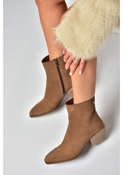 Fox Shoes Z654037561 Vizon Hakiki Deri Süet Alçak Topuklu Western Kadın Bot