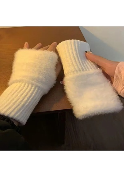 Solezon Kadın Peluş Eldiven Parmaksız Termal Sıcak, Yumuşak Ve Şık Kışlık Eldiven 1 Çift Beyaz