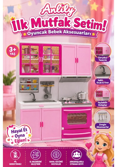 İlk Mutfak Setim 3+ Yaş Zengin Aksesuarlı Ve Açılabilir Dolaplı Eğitici Oyuncak Evcilik Seti