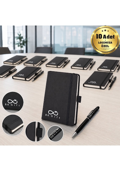 Logonuza Özel 10 Adet 923-914 9 X 14 Termo Deri Defter Ve Touch Pen Kurumsal Hediye Seti Siyah