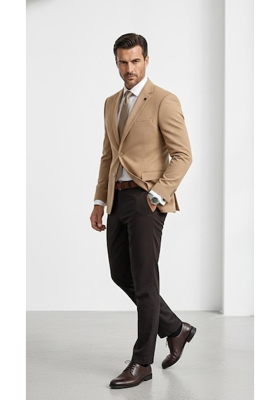 Plus Scorpion Slim Fit Pike Dokuma Erkek Blazer Ceket Modern Şık Günlük Kombin Bej