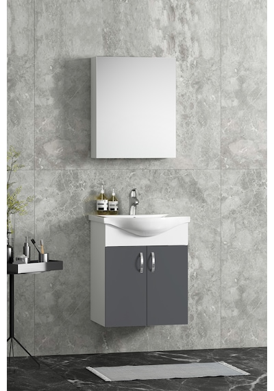 Yıldız 50 Cm Antrasit Gri Mdf Seramik Lavabolu Asma Banyo Dolabı Takım Beyaz-antrasit Gri Mat