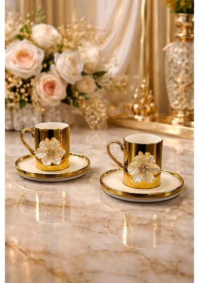 2 Kişilik Porselen Gold Platin Kaplama Lotus Çiçekli Kahve Fincan Takımı Seti 100ml Altın