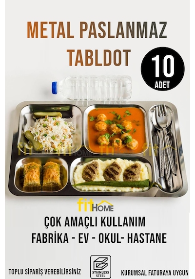 10 Adet Tabldot Paslanmaz Çelik Self Servis 5 Bölmeli Bej