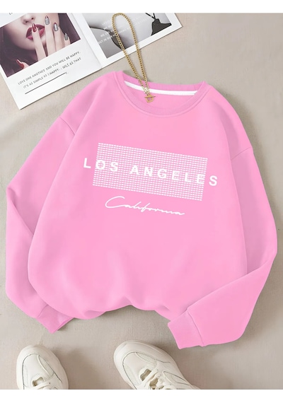 Startmore Pembe Unisex Kadın/erkek Detaylı Los Angeles Özel Baskılı Renkli Oversize Bisiklet Yaka Pamuklu