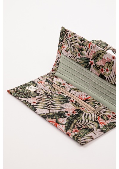 Fabric Craft Bag Kadın Kumaş Cüzdan Duck Kumaş Tropikal Desenli Kartlık Fermuarlı Uzun Cüzdan Haki Yeşil