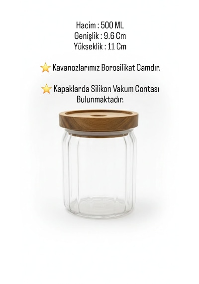 500 Ml Akasya Kapaklı Cam Yuvarlak Kavanoz Yuvarlak Baharat & Erzak Saklama Kabı Açık Kahverengi - Şeffaf