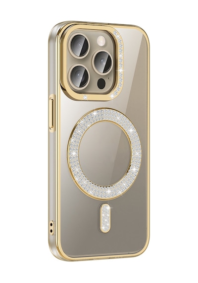 Apple Uyumlu iPhone 15 Pro Kılıf Pırlanta Taş Tasarımlı M-safe Şarj Özellikli Karetta Silikon Kılıf Gold