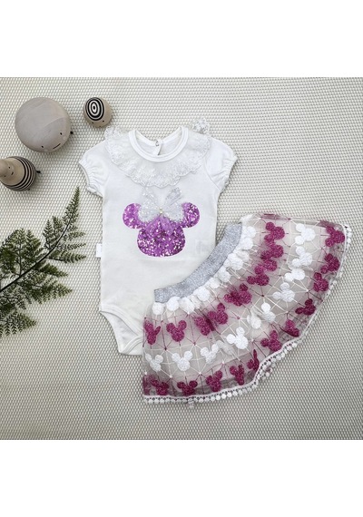 Veraura Lifestyle 1-2-3 Yaş Payetli Mickey Nakışlı Kısa Kollu Brode Etekli 2li Kız Bebek Takımı Fuşya