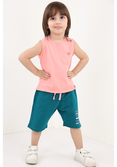 Toontoy Kids Toontoy Erkek Çocuk 2'li Takım Baskılı Bisiklet Yaka Tişört & Beli Lastikli Şort Somon