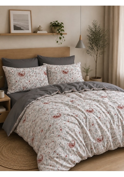 Mystory Home Lastikli Çarşaflı Çift Kişilik Nevresim Takımı Etnica Bordo - Füme