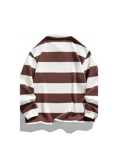 Ghassy Co. Erkek London Çizgili Şeritli Pamuklu İçi Polarlı Polo Yaka Sweatshirt Kahve Kahverengi