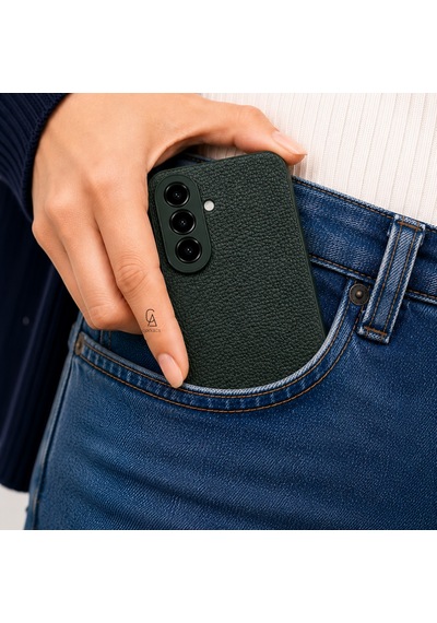Samsung Galaxy A27 Uyumlu Deri Dokulu Silikon Telefon Kılıfı Ve Şeffaf Temperli Cam Ekran Koruyucu Koyu Yeşil