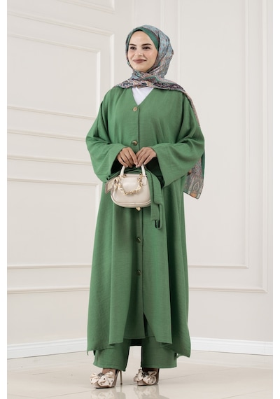 Sevitli Düğmeli Davin Abaya İkili Takım-yeşil-5878
