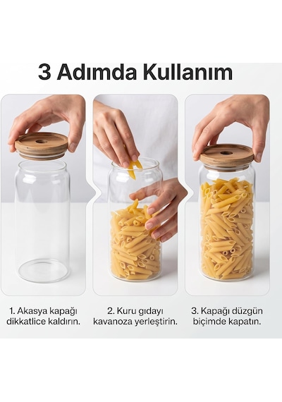 Lexroo Akasya Kapaklı Yuvarlak Borosilikat Cam Kavanoz 1000 Ml, 9 20 Cm, Orta Delikli Ahşap Kapak Çok Renkli