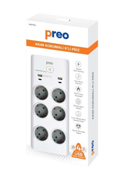 Preo Mpp05 Akım Korumalı 6'lı Priz 2 Usb+2 Type C Portlu