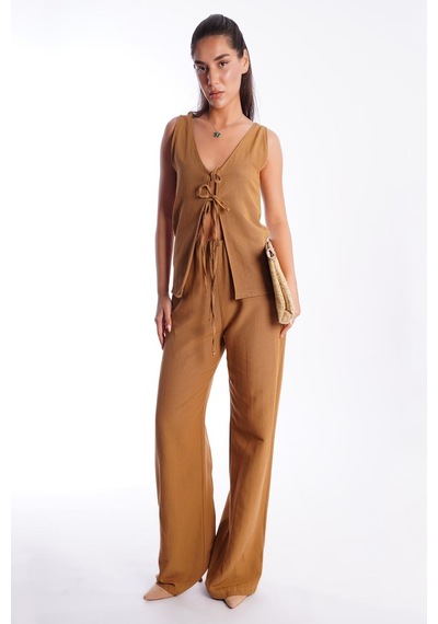 Madmext Camel Önü Bağlamalı Yelek Pantolon Kadın Takım Mg2403