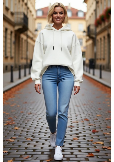 Ersefa Kadın Kapşonlu Üç İplik Penye Basic Sweatshirt Kordonlu Kanguru C beyaz