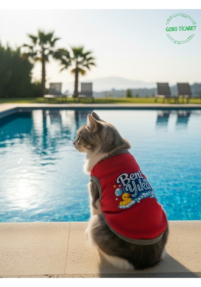 Kırmızı Beni Yıka Baskılı Kedi Ve Köpek Kıyafeti Evcil Hayvan Tişörtü Elbisesi Xsmall/xs/beden 0