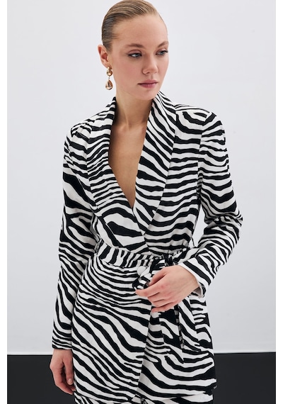 Sateen Kuşaklı Zebra Ceket - Siyah-135434 Siyah