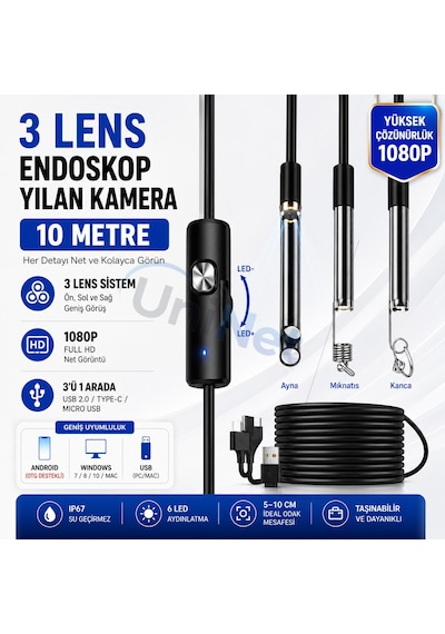 Uninet Türkiyede Ilk 10 Metre 3 Kameralı Android Ve Bilgisayar Uyumlu Endoskop Yılan Kamera 1080p Full Hd