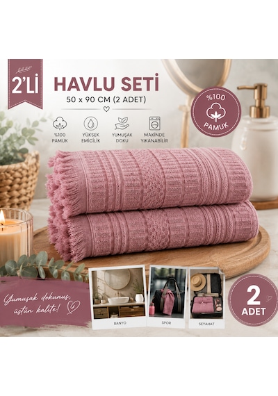 2'li Yüz Havlusu Seti 50x90 Cm Pamuklu El Havlusu Püsküllü Yumuşak Dokulu Yüksek Emici Günlük Kullanım Gülkurusu