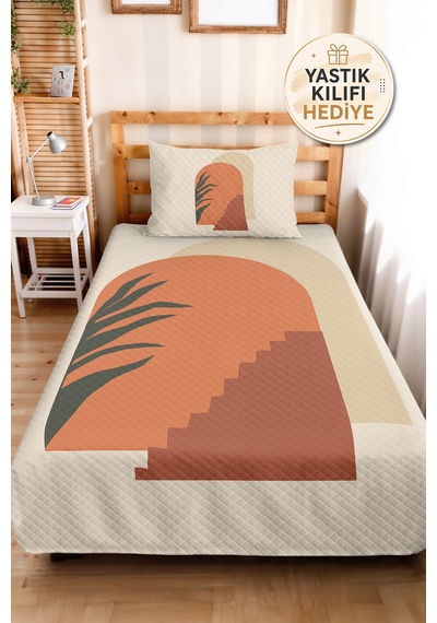 Boho Geometrik Kiremit Genç Odası Tek Kişilik Pike Takımı - Bej Antrasit 160x220 Cm Yatak Örtüsü Keten Tarlası Eşiği