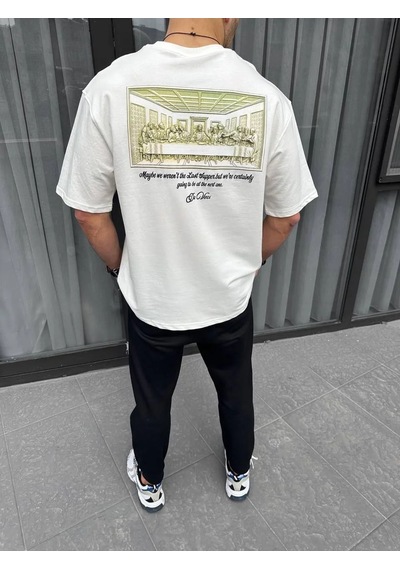 Assema Erkek Baskılı T-shirt Kısa Kol Bisiklet Yaka Regular Fit Rahat Kalıp Günlük Tişört - Beyaz Çok Renkli