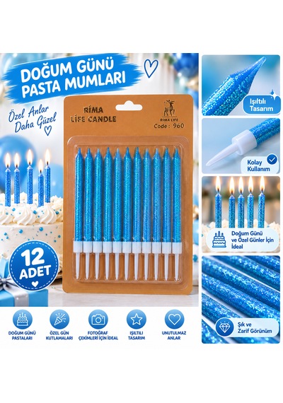 Mavi Simli Doğum Günü Pasta Mumları 12'li Paket Tüm Yaşlar