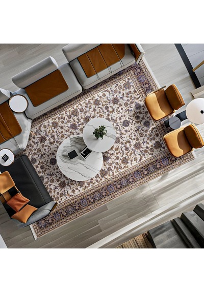 Bespoky Klasik Çiçekli Etnik Desen Salon Halısı Mavi