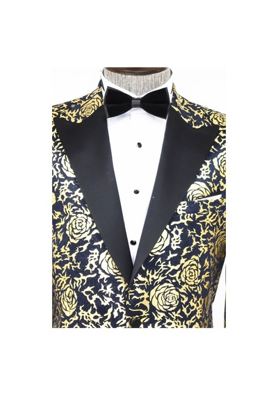 Wessi Gold Gül Desenli Slim Fit Lacivert Erkek Smokin Ceket Lacivert