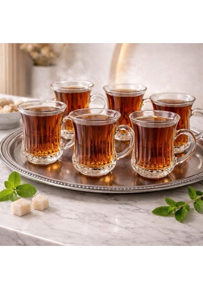 6 Lı Cam Kulplu Çizgili Çay Bardağı Bardak 120ml Cam - Şeffaf