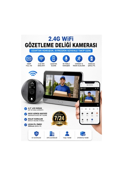 Kablosuz Akıllı Görüntülü Kapı Zili 2.4g Wifi Çift Yönlü Ses, Hareket Algılama, Uzaktan Telefon Takibi 5000mah