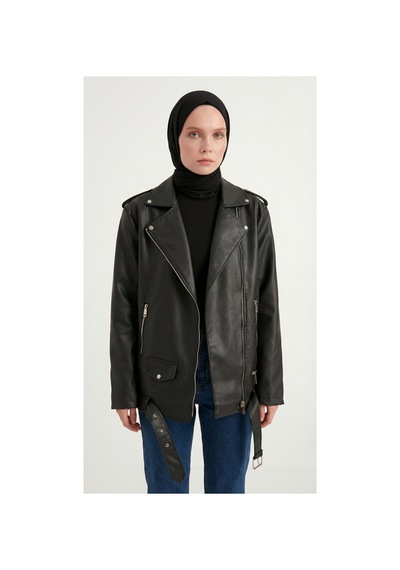 Meecy Kadın Oversize Biker Tesettür Deri Ceket Siyah Siyah
