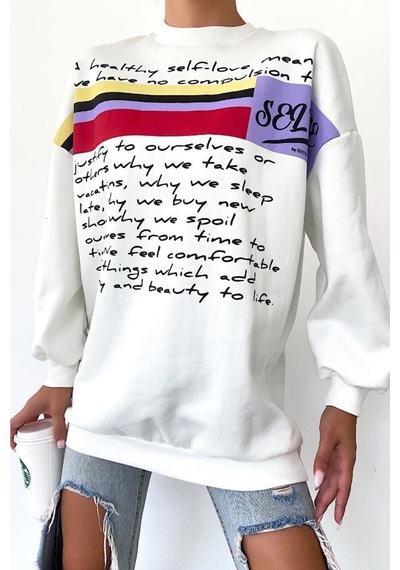 Femelle Yeni Sezon Selfie Baskılı Pamuklu Oversize Sweatshirt beyaz