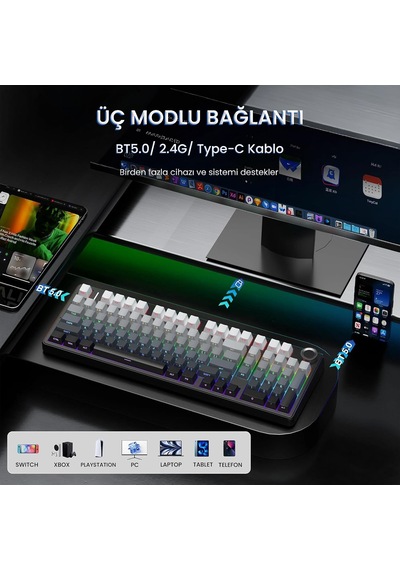 F99 Pro 3 Modlu Rgb Hot Swap Mekanik Nimbus V3 Switch Kablosuz Makrolu Klavye Gradyan Gri Diğer