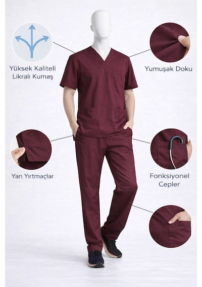 Likralı Hemşire Doktor Forması Premium Belinda Soft Kumaş Scrubs Hastane Üniforması Cerrahi Takım Bordo