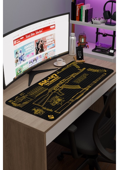 Ak 47 Siyah Kalaşnikov Cs Dikişli Kauçuk Oyuncu Mousepad - 90x40 Gaming Mouse Pad Ak-47 Sarı