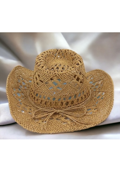 Shopiolog Geniş Kenarlı Etnik Dokulu Uv Korumalı Hasır Kovboy Şapka Camel