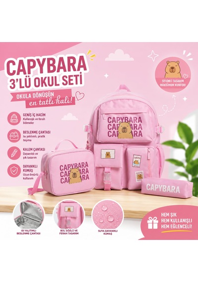 Capybara Desenli 3 Parça İlkokul Ortaokul Çanta Seti Sırt Çantası Beslenme Çantası Kalemlik Pembe