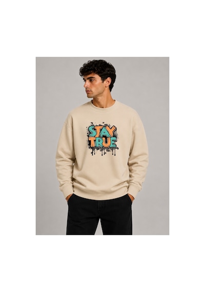 Herkesemoda Stay True Detaylı Bisiklet Yaka Şardonlu 2 İplik Sweatshirt Bej