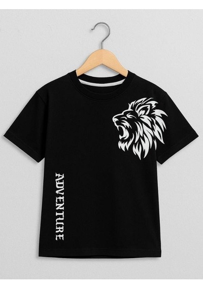 Ekkokids Çocuk Aslan Baskılı Pamuklu Oversize T-shirt-16014 SIYAH