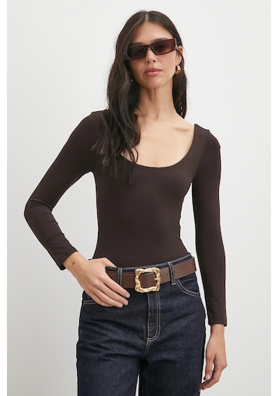 Never More U Yaka Uzun Kollu Çıtçıtlı Bodysuit Kahve Kahve