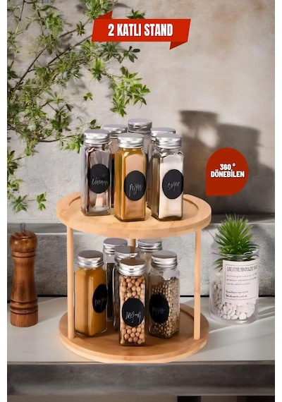 360 Dönen Bambu 2 Katlı Baharatlık Düzenleyici , Sunumluk, Organizer, Katlı Stant Diğer
