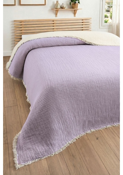Tek Kişilik Müslin Yatak Örtüsü - 5 Katlı, Dolgulu, %100 Pamuk Müslin Yorgan - 160x220 Cm-lila Lıla