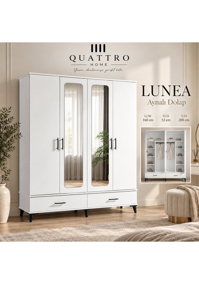 Lunea 4 Kapaklı Aynalı 2 Çekmeceli Gardırop Ahşap
