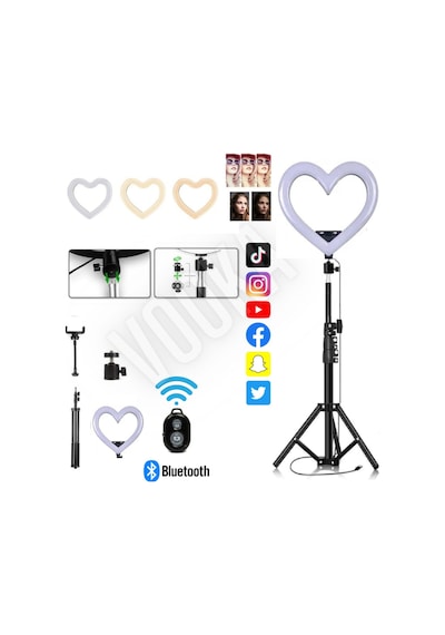 Tripod Kalp 10 Inç Heart Light 5500k Youtuber Led Işıklı 2.1 Metre Kumandalı Tripod Selfie Makyaj
