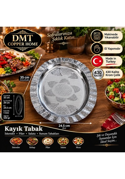 430 Kalite Krom Çelik Çirtikli Kayık 1 Adet Servis Tabağı 35 Cm İskender, Kebap, Pilav Ve Salata Sunum Tabağı Gümüş